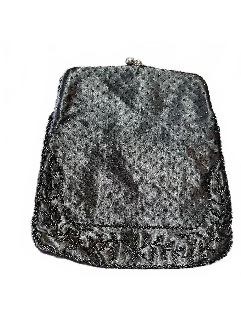 Vintage Black Beaded Satin Kiss Lock Evening Clutch